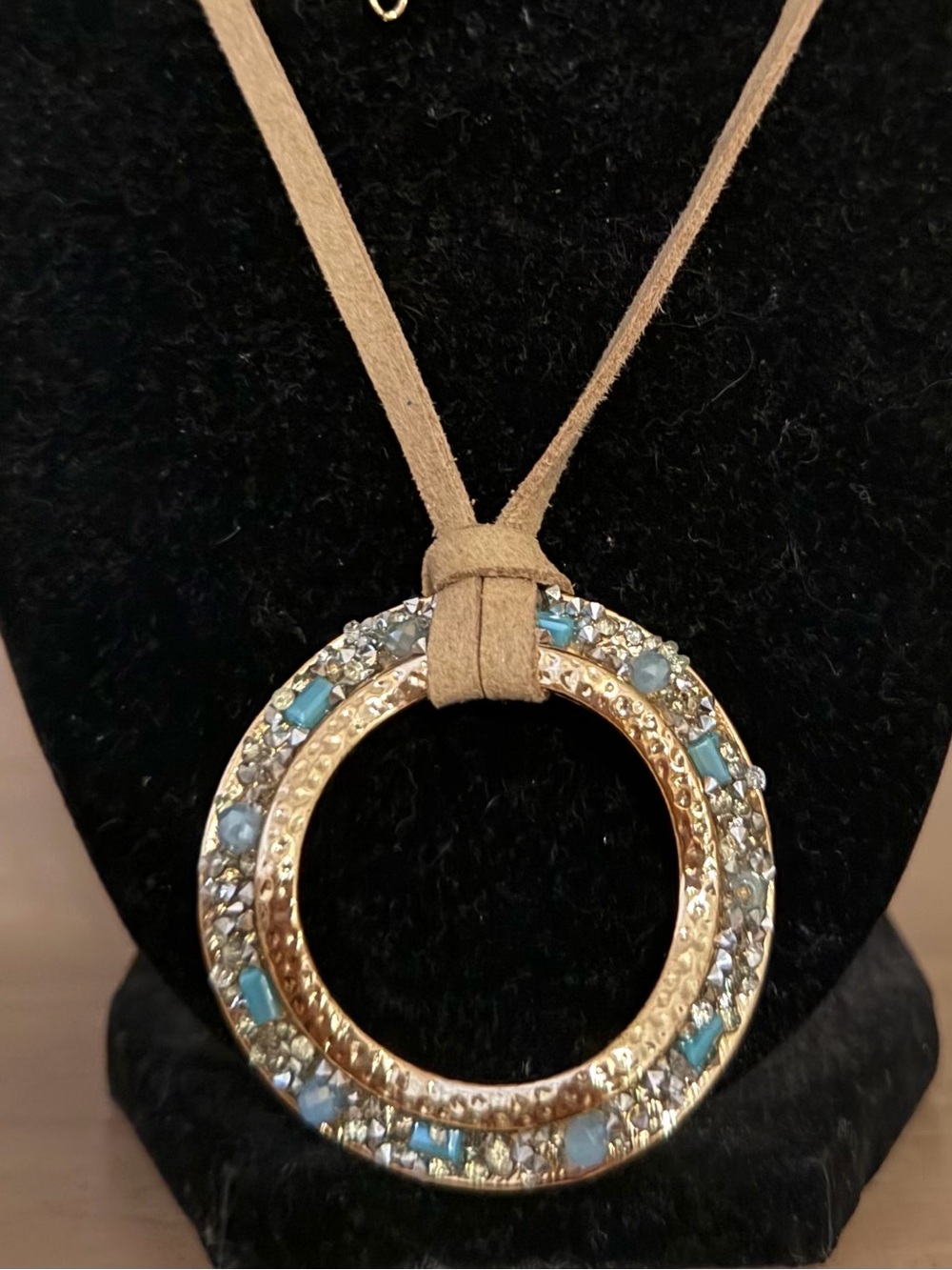 24” Long Gold-Tone Circle Pendant Necklace with Blue Crystal Accents - Picture 2 of 3